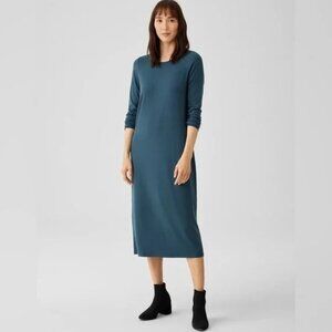 Eileen Fisher Stretch Jersey Knit Jewel Neck Midi Dress Made in USA Size L Teal